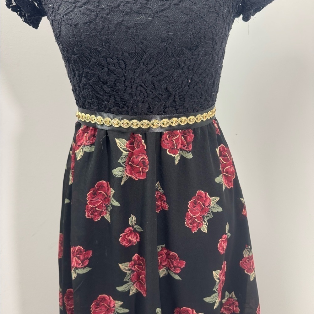 Girls Fall Dress Black And Red Rose Drop Tail Belt Short Sleeve Prom Lay… - Picture 2 of 12